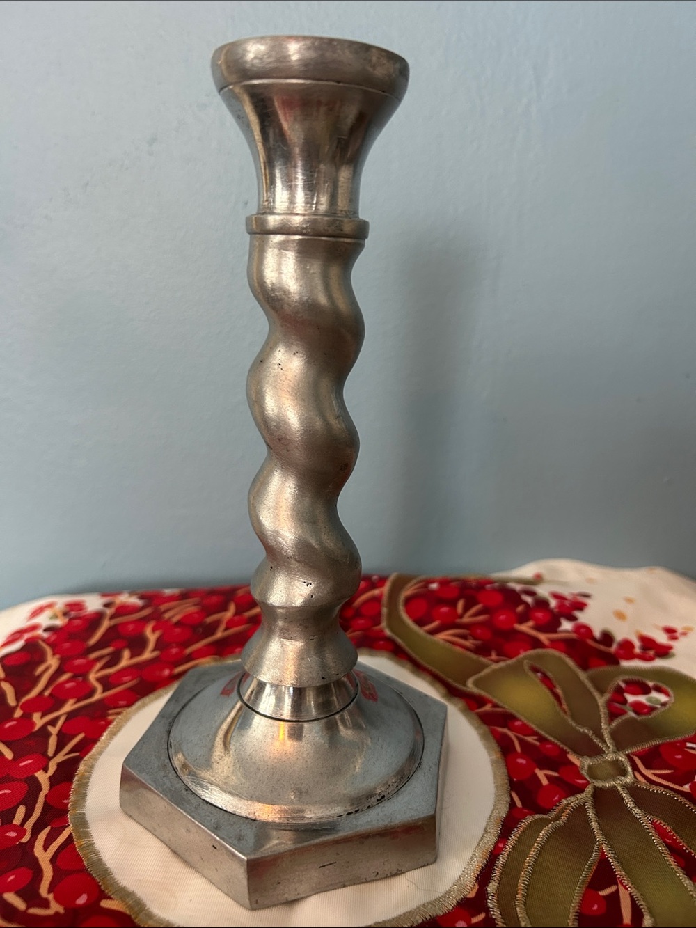 Silver -tone Pewter Twisted Pillar Candle Holder — EUC